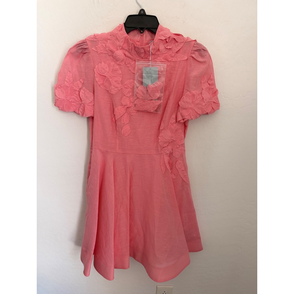 Antonio Melani Pink 3D Floral Applique Linen Mini Dress Mock Neck Size 6 NWT